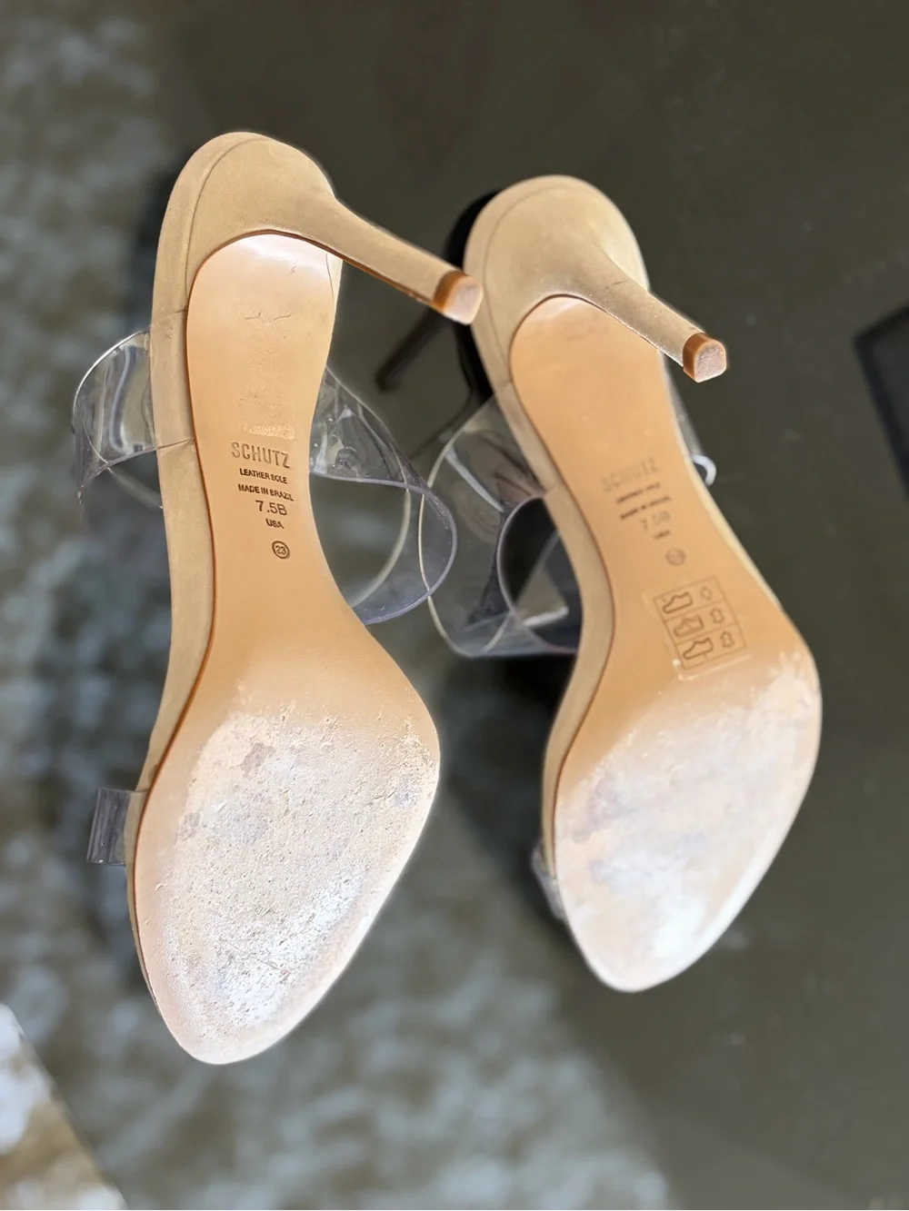SCHUTZ Clear Strap Tan Stiletto Mules